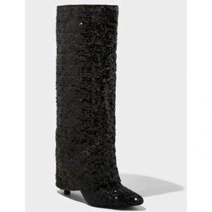 A New Day Abba Sequin‎ Foldover Tall Boots Black 8 New With Tags